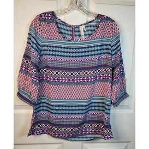 Pink Owl Apparel Sz Small Blue Pink Purple Geometric ¾ Sleeve Blouse